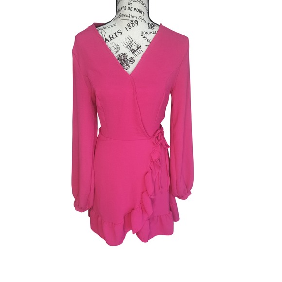Altar'd State Hot Pink Ruffle Wrap Mini Dress Long Sleeve V-Neck Small - Picture 2 of 5